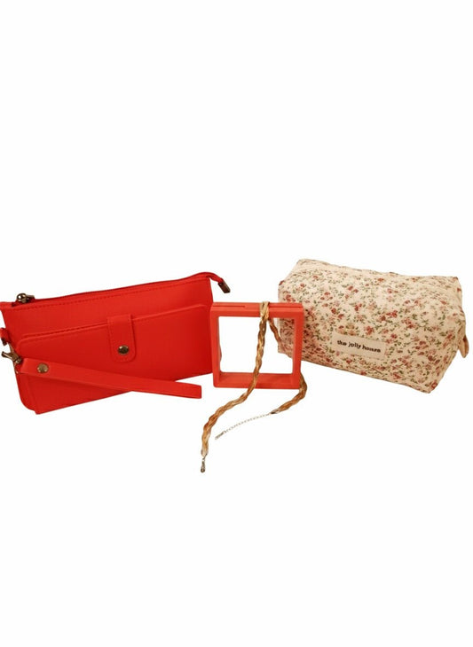 Monedero rojo, collar trenzado de acero inoxidable y neceser octagonal con cremallera de estampado floral, para mujer.