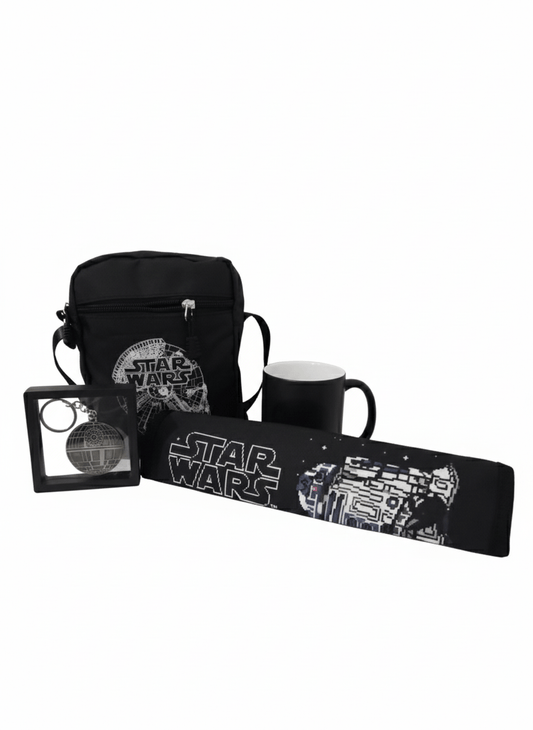 Llavero Estrella de la muerte, bolso negro de Halcon Milenario, taza termosensible y protector de cinturón con diseño de R2 D2.