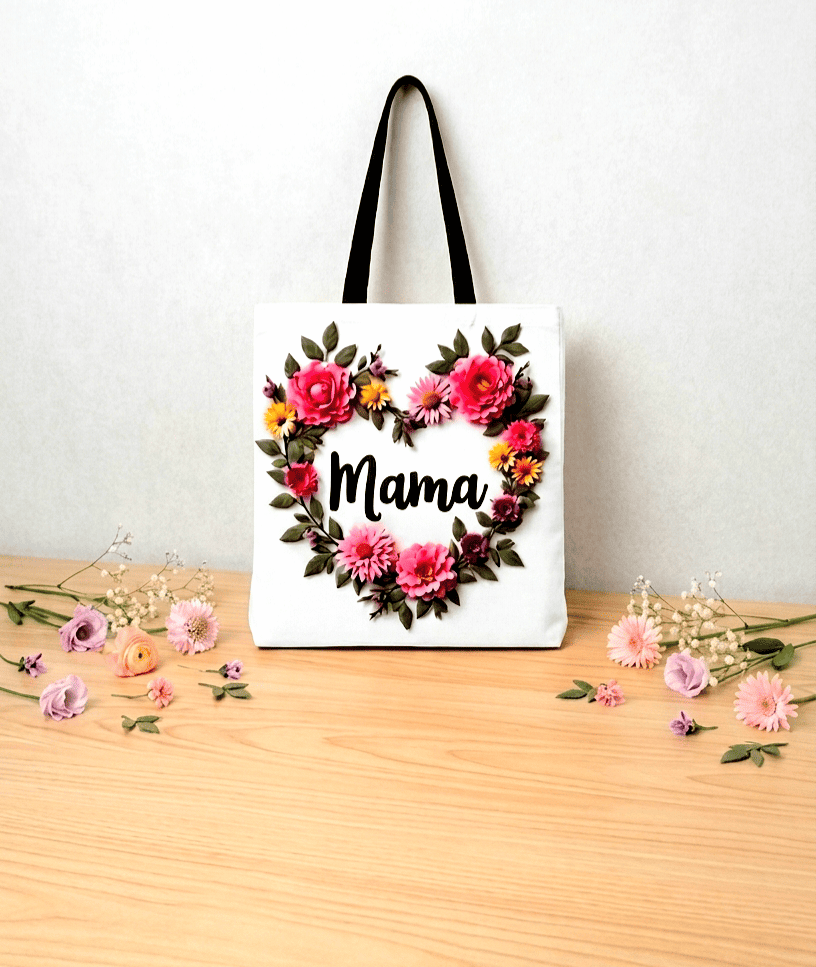 Bolsa Tote de lona balnca con la palabra Mama con letras negras y flores de varios colores formando un corazón alrededor, sobre una superficie de madera clara con varias flores en tonos pastel a los dos lados.