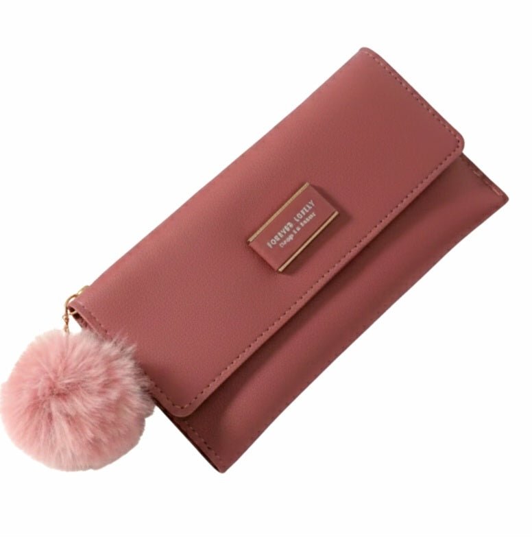 Cartera rosa con pompón, de piel sintetica, para mujer.