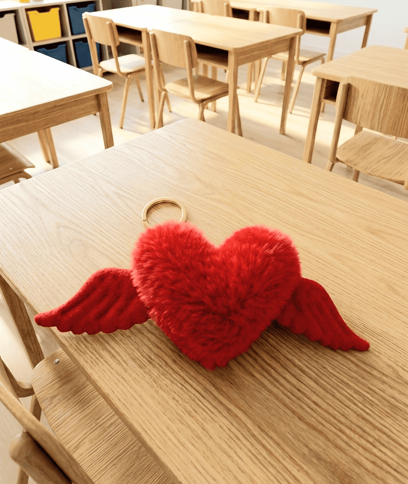 Llavero de corazón rojo con alas visto desde arriba sobre una superficie de madera clara, de fondo puede verse un aula de colegio con mesas y sillas.