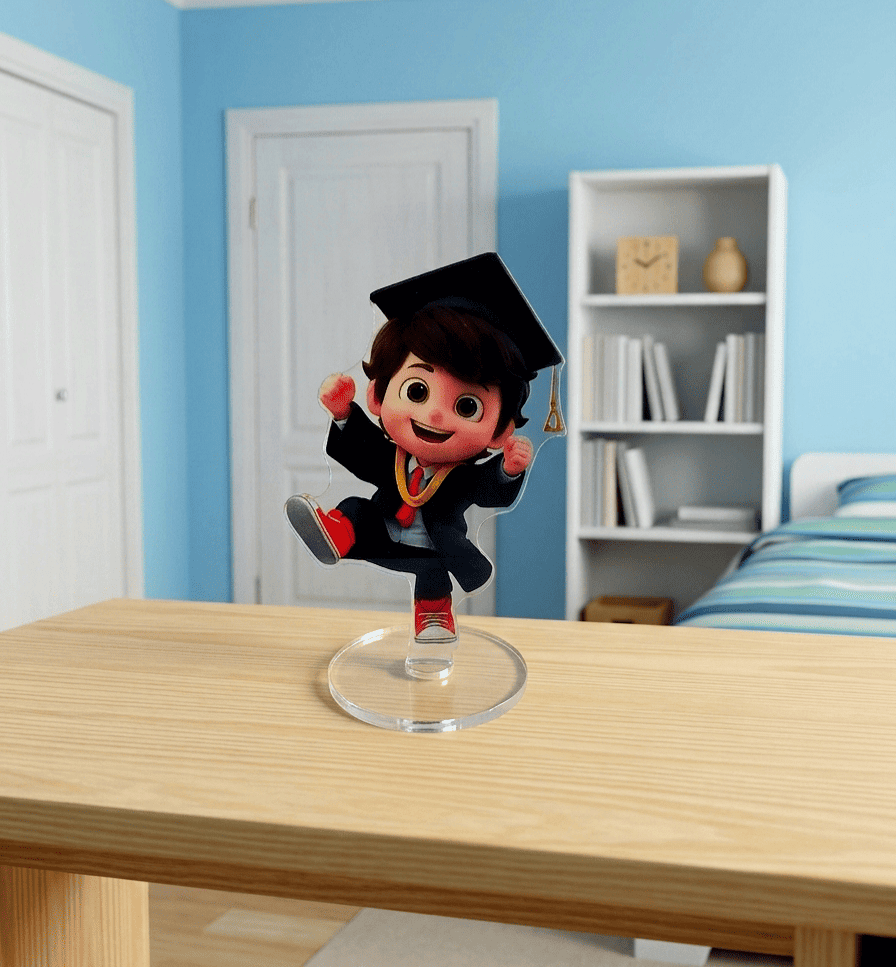 Primer plano de una figura acrilica de un Graduado con birrete y toga sobre una base circular giratoria, de fondo puede verse una estanteria, una cama en tonos azules y pared azul con puertas de color blanco.