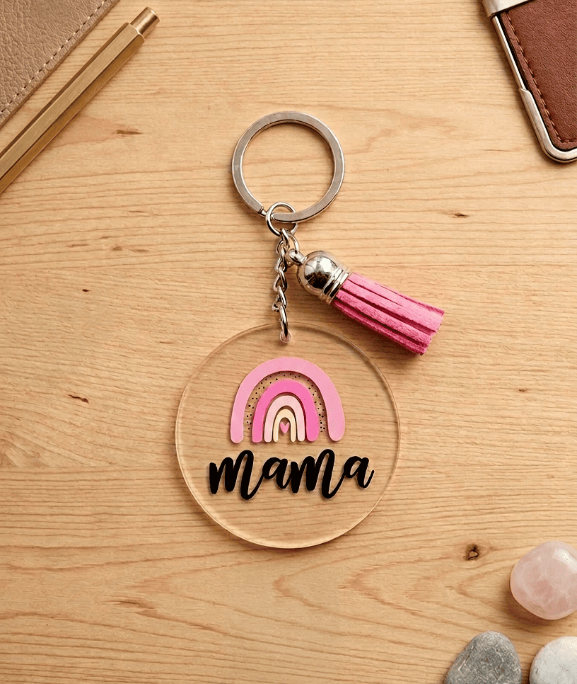 Primer plano de un llavero circular transparente en metacrilato con arcoiris en tonos rosa, la palabra Mamá en caligrafia negra y una borla rosa sobre superficie de madera clara junto a tres piedras en tonos claros.