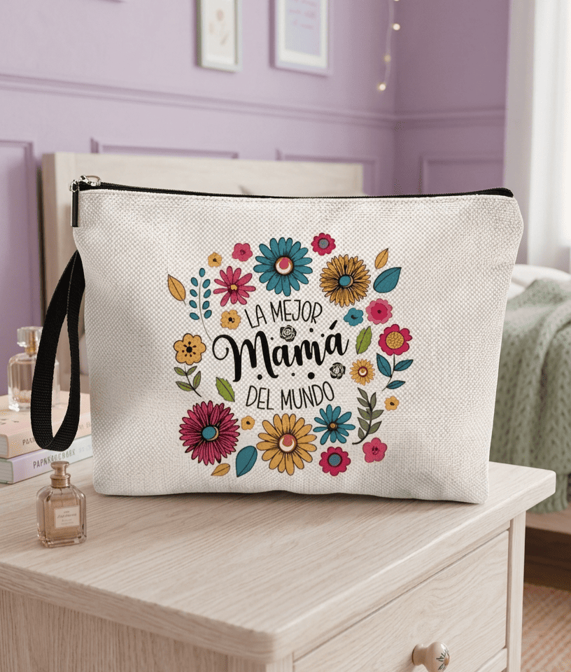 Neceser de diseño floral con la frase " La mejor madre del mundo" colocado sobre una mesita de noche en madera clara con un fondo de habitacion decorada en colores pastel.