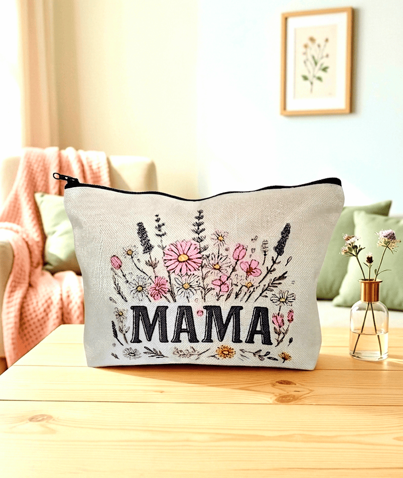 Neceser de diseño floral y la palabra MAMA, sobre una superficie de madera clara y un fondo de salón de colores claros y colores pastel.
