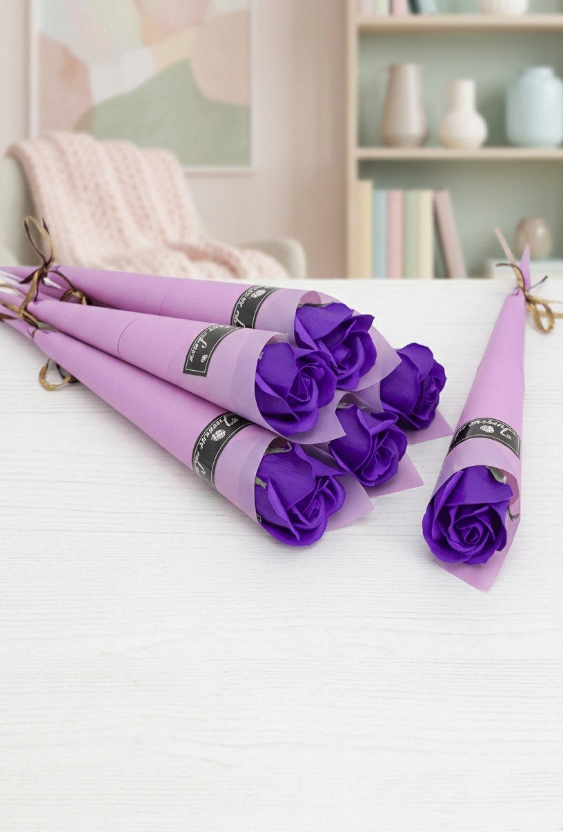 Conjunto de seis rosas de color morado con envoltorio de papel en color malva sobre superficie malva y fondo de salón en colores pastel.