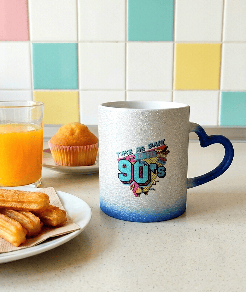 Imagen con un fondo de desayuno compuesto por un plato de churros,un vaso de zumo y una magdalena junto a una taza termosensible con bebida caliente mostrando un diseño de los 90 con colores fluor, todo sobre una superficie de mesa de cocina.