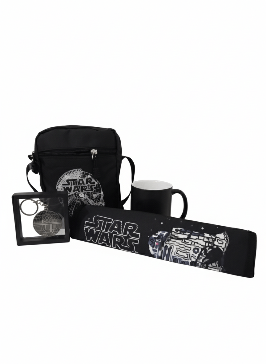 Llavero Estrella de la muerte, bolso negro de Halcon Milenario, taza termosensible y protector de cinturón con diseño de R2 D2.
