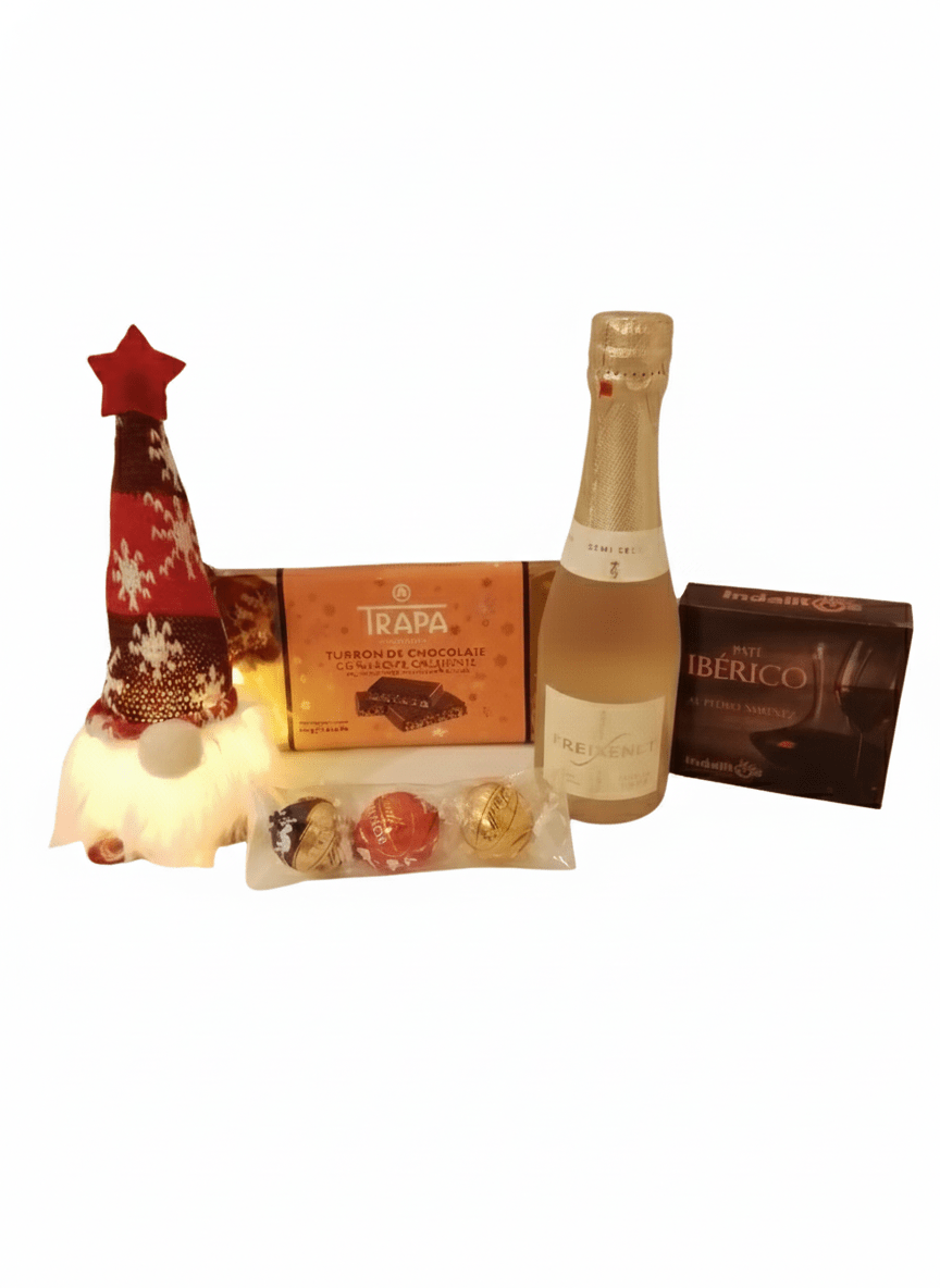 Gnomo con luz led, turron de chocolate, botella de cava, paté ibérico y bombones.