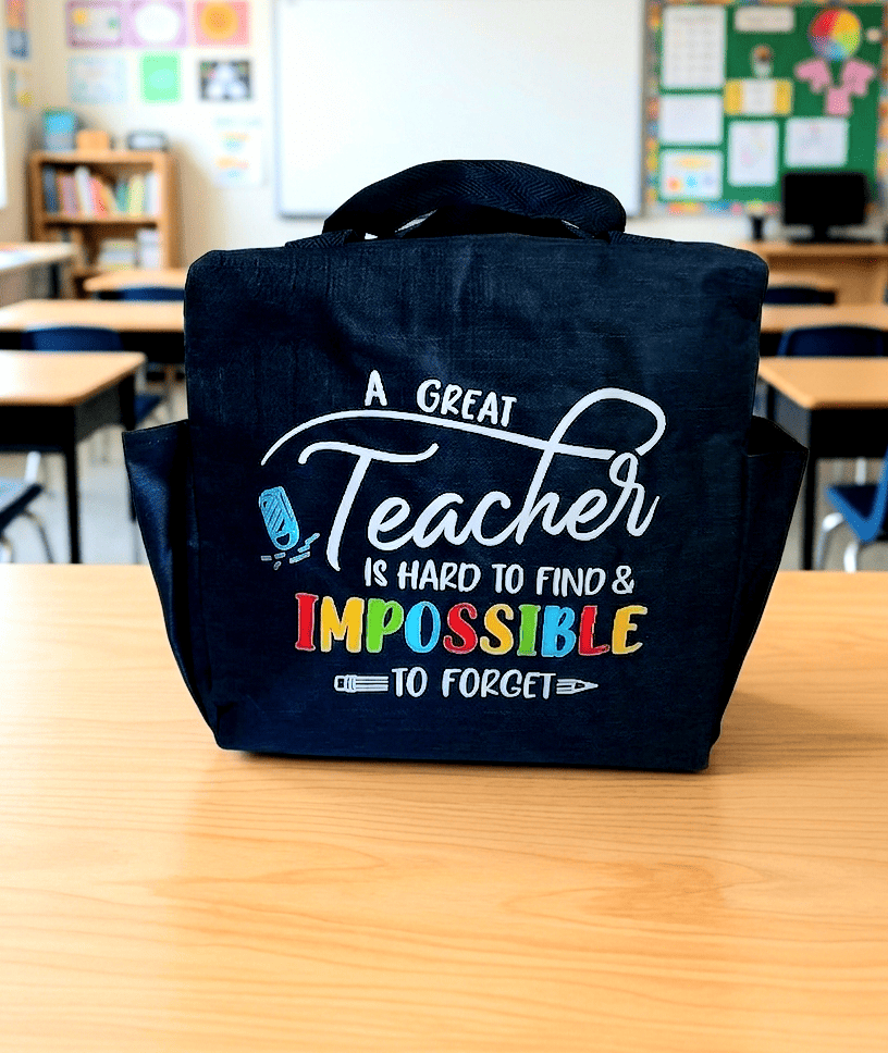 Primer plano de una bolsa termica de color azul marino con asas y cierre de cremallera con dos bolsillos laterales. En la parte frontal puede leerse la frase : "A Great Teacher is hard to find & Impossible to forget" con varios tipos de tipografia en color blanco y multicolor sobre superficie de madera clara y un fondo de aula escolar.