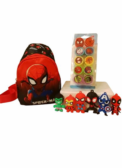 Bolso bandolera de Spiderman, seis muñecos de los Vengadores con  sellos para niños de Marvel.