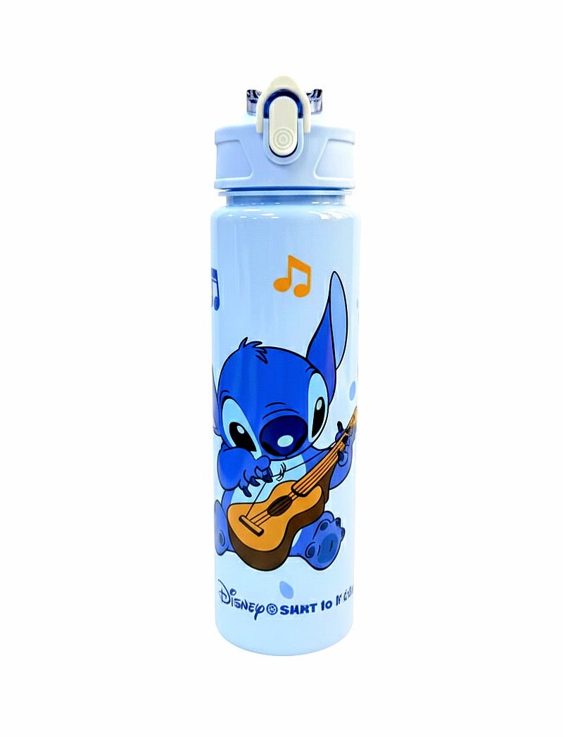 Botella portatil, azul, de plastico con diseño de Stitch. 