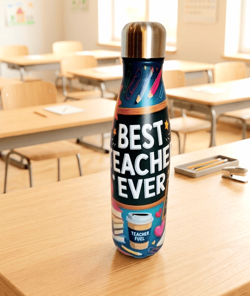 Primer plano de una Botella Termo con interior de Acero inoxidable y un exteror con la frase: "Best Teacher Ever" con tipografia clasica de color blanco y diseño colorido de motivos escolares sobre una superficie de madera clara y un fondo de mesas y sillas de aula escolar.
