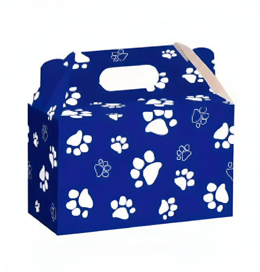 Caja de regalo azul, con dibujo blanco de huellas de perro, para mascotas.