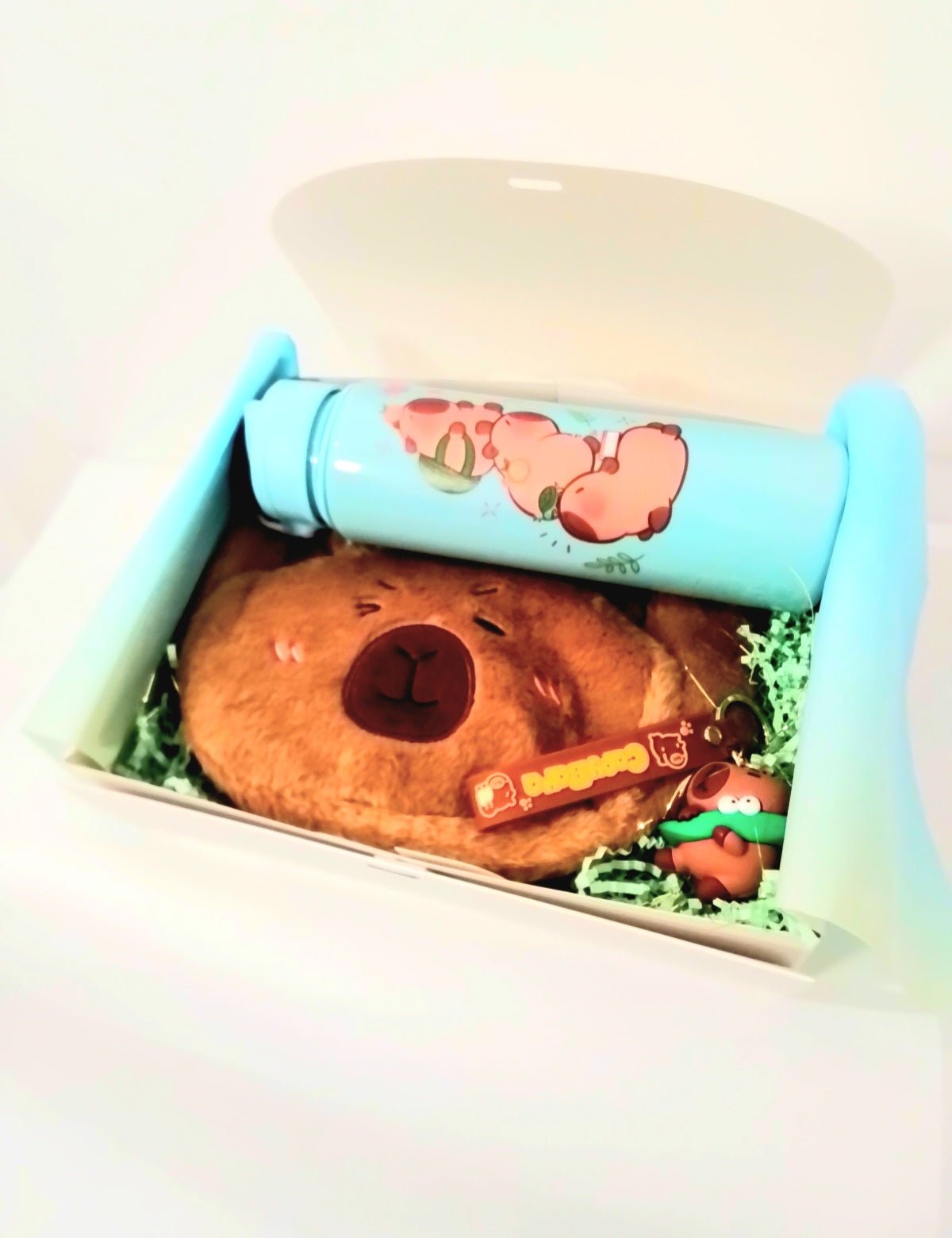 Caja blanca de regalo,con botella verde, mochila Capybara de peluche marron y llavero de Capybara con cocodrilo.