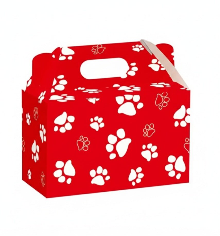 Caja de regalo roja con estampado de huellas de gato de color blanco, para mascotas.