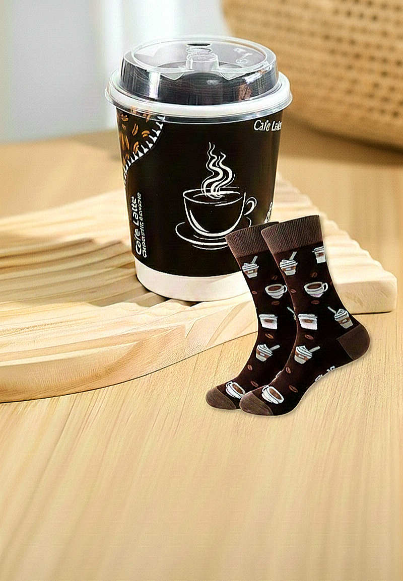 Calcetines marron oscuro con estampado de granos de café y tazas sobre fondo de madera clara. 