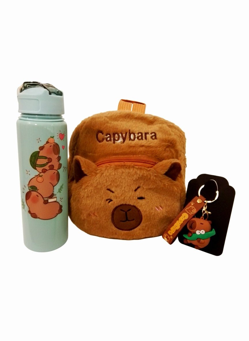 Botella portatil verde, mochila de peluche Capybara y llavero de Capybara con cocodrilo verde. Para niños y niñas.