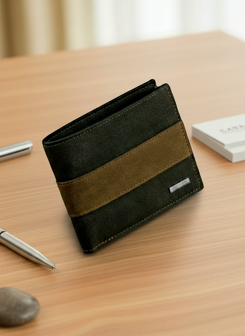 Cartera para hombre de cuero sintetico, bicolor sobre fondo de escritorio de madera clara.