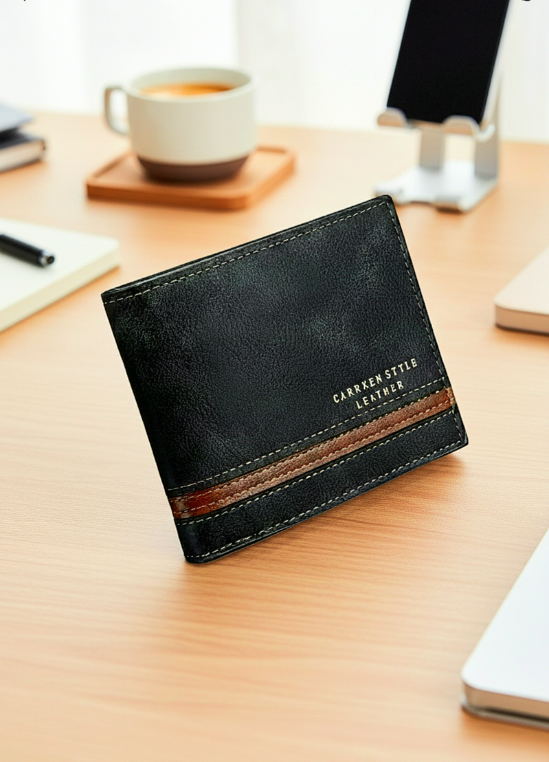 Cartera de cuero sintético negro con franja marrón horizontal sobre escritorio de madera clara.