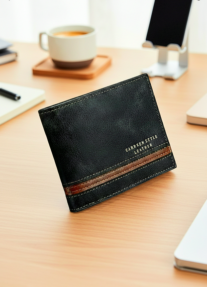 Cartera de cuero sintético negro con franja marrón horizontal sobre escritorio de madera clara.