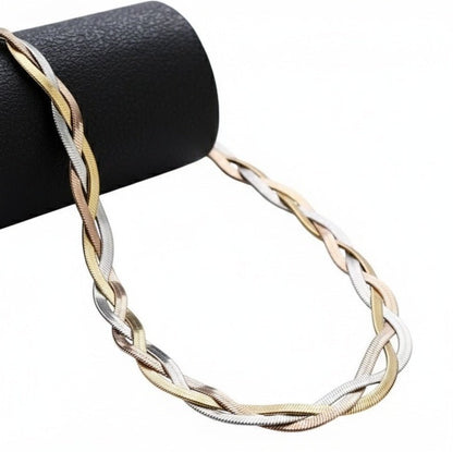 Collar trenzado, en tres colores de acero inoxidable, para mujer.