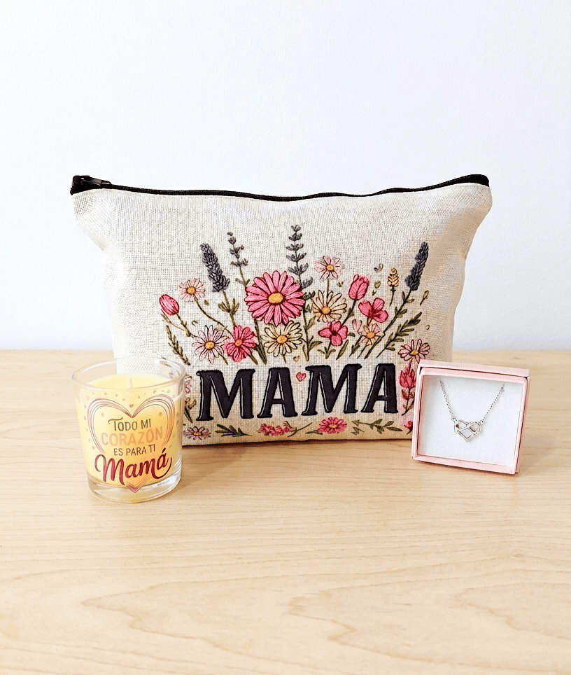 Sobre un superficie de madera clara se puede ver un set de regalos compuestos por: Una vela decorativa con un emotivo mensaje para mamá, un neceser blanco con cremallera de diseño floral con la palabra MAMA en negro y por último una cajita de joyería de color rosa mostrando un colgante plateado con el simbolo de infinito entrelazado con un corazón. 