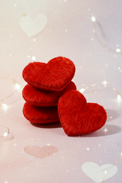 Corazones de peluche rojo agrupados sobre fondo romantico de luces led y detalles romanticos en tonos pastel.