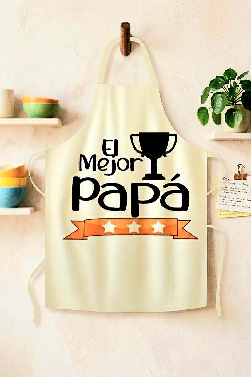 Delantal de cocina colgado en un gancho de madera en pared de cocina. El delantal tiene un diseño impreso en negro que pone "EL MEJOR PAPÁ " con un icono de trofeo y una franja naranja con tres estrellas blancas.