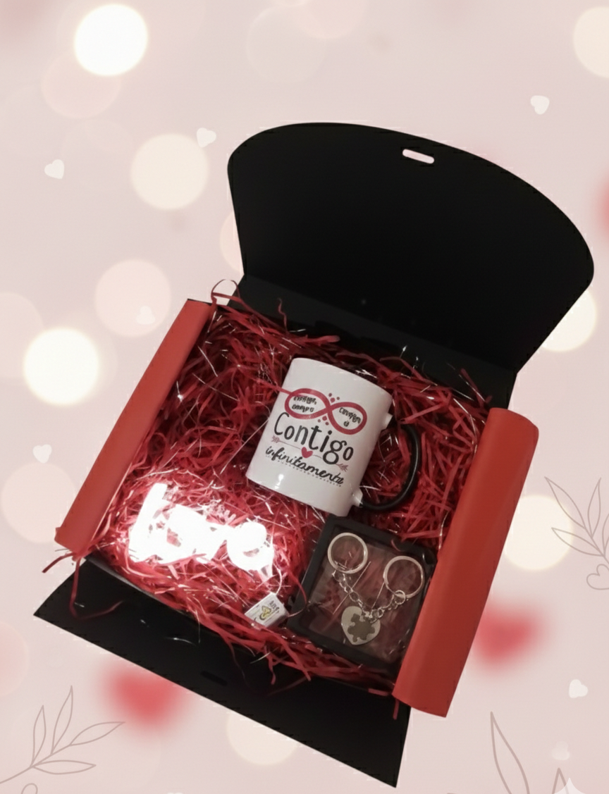 Caja de regalo con taza de infinito negra y roja, llaveros de corazon y pieza de puzle en Acero y letrero LOVE de luz led.