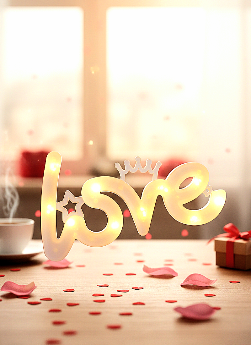 Letrero LOVE de luz led con fondo en colores pastel y luces led.