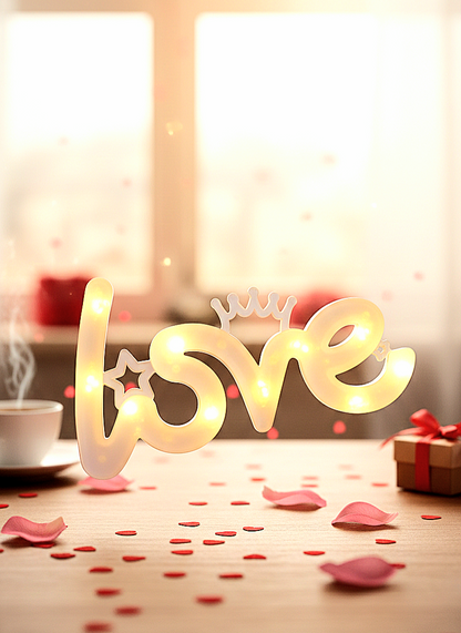 Letrero LOVE de luz led con fondo en colores pastel y luces led.