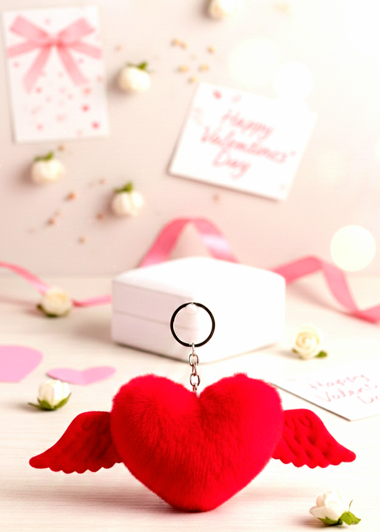 Llavero corazón con alas de peluche rojo, regalo dia de los enamorados. 
