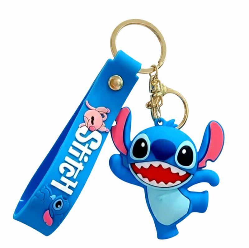 Llavero de figura de Stitch, en plastico de color azul y anilla con enganche metalicos.