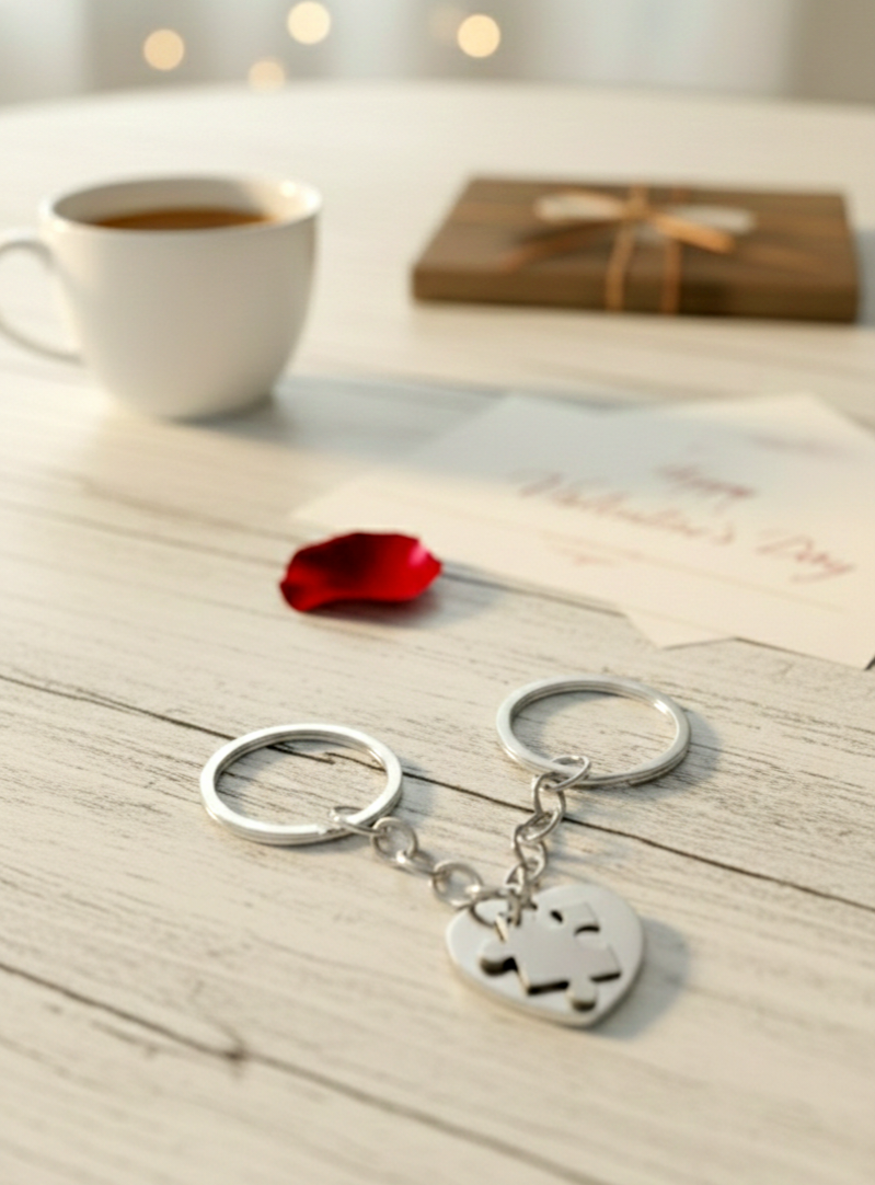 Pareja de llaveros encajables de corazon y pieza de puzzle metalicos, con fondo de mesa de madera clara.