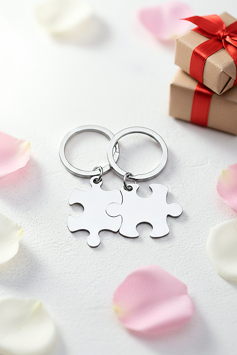 Llaveros metálicos, plateados con forma de piezas de puzzle que encajan entre sí, accesorio para parejas de la caja LOVE LUCK BOX. 