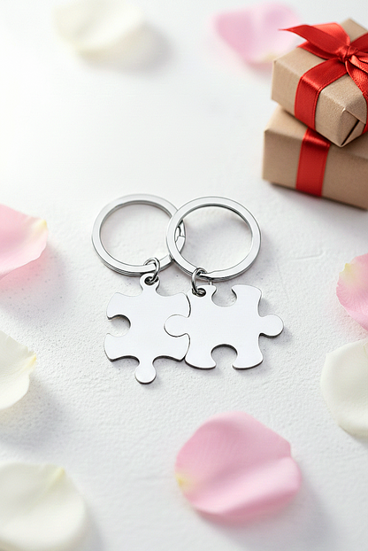 Llaveros metálicos, plateados con forma de piezas de puzzle que encajan entre sí, accesorio para parejas de la caja LOVE LUCK BOX. 
