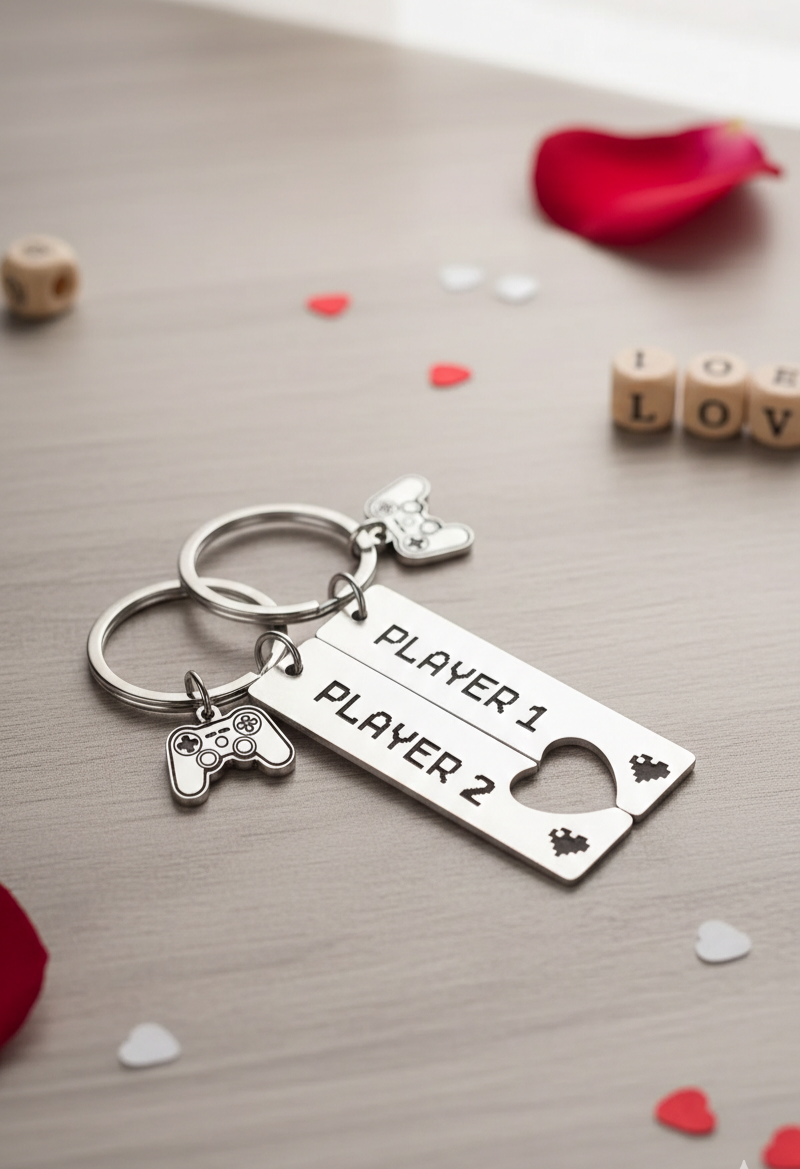 Llaveros de metal, en uno se puuede leer Player 1 y en el otro  Player 2, juntos forman un corazon sobre mesa de madera con detalles de petalos rojos y corazones tipo cnfeti.