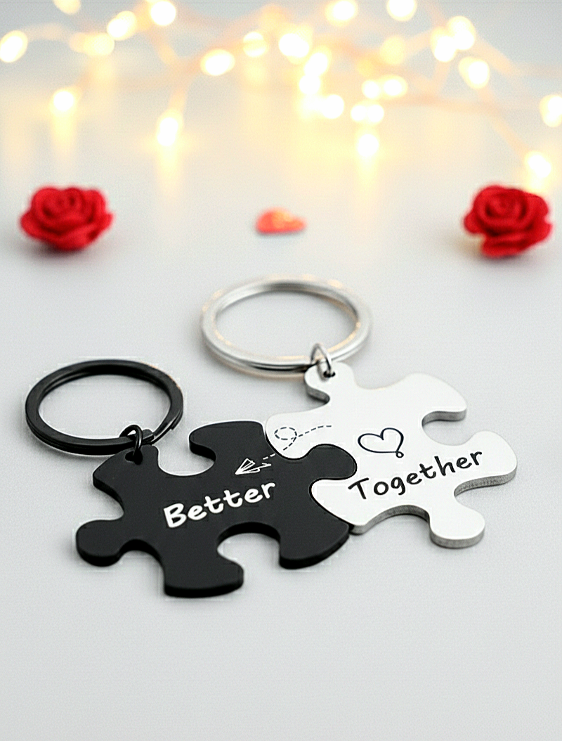 Primer plano de dos llaveros metálicos en forma de puzzle que encajan entre si; uno negro con la palabra Better y otro plateado con la palabra Together.