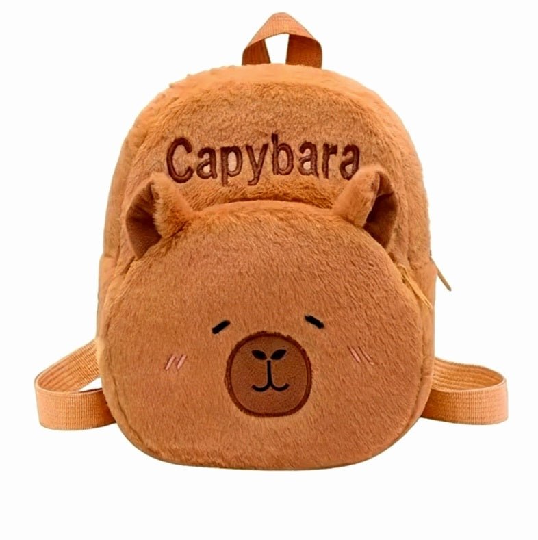 Mochila de peluche marron, con cierre de cremallera y correas ajustables, para niños.