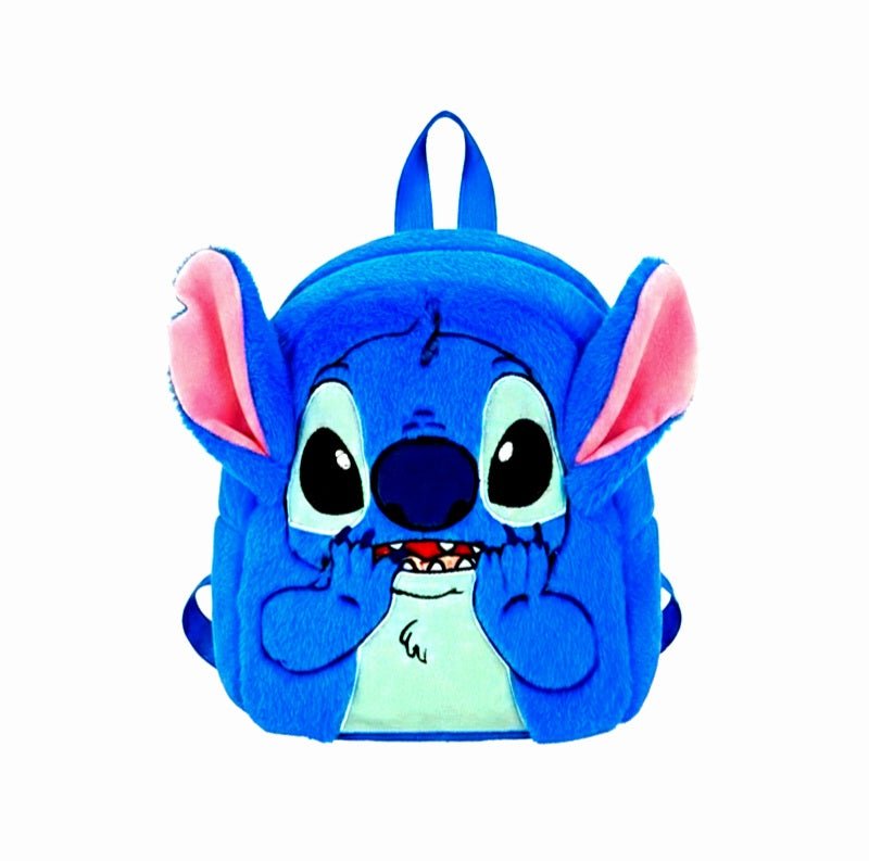 Mochila de peluche azul con cierre de cremallera y correas ajustables de diseño de Stitch para niños y niñas. 