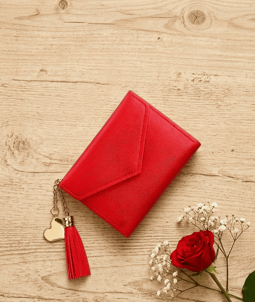 Primer plano de un monedero rojo de cuero sintético con adornos dorados en un lateral junto a una rosa roja sobre una superficie de madera clara. 