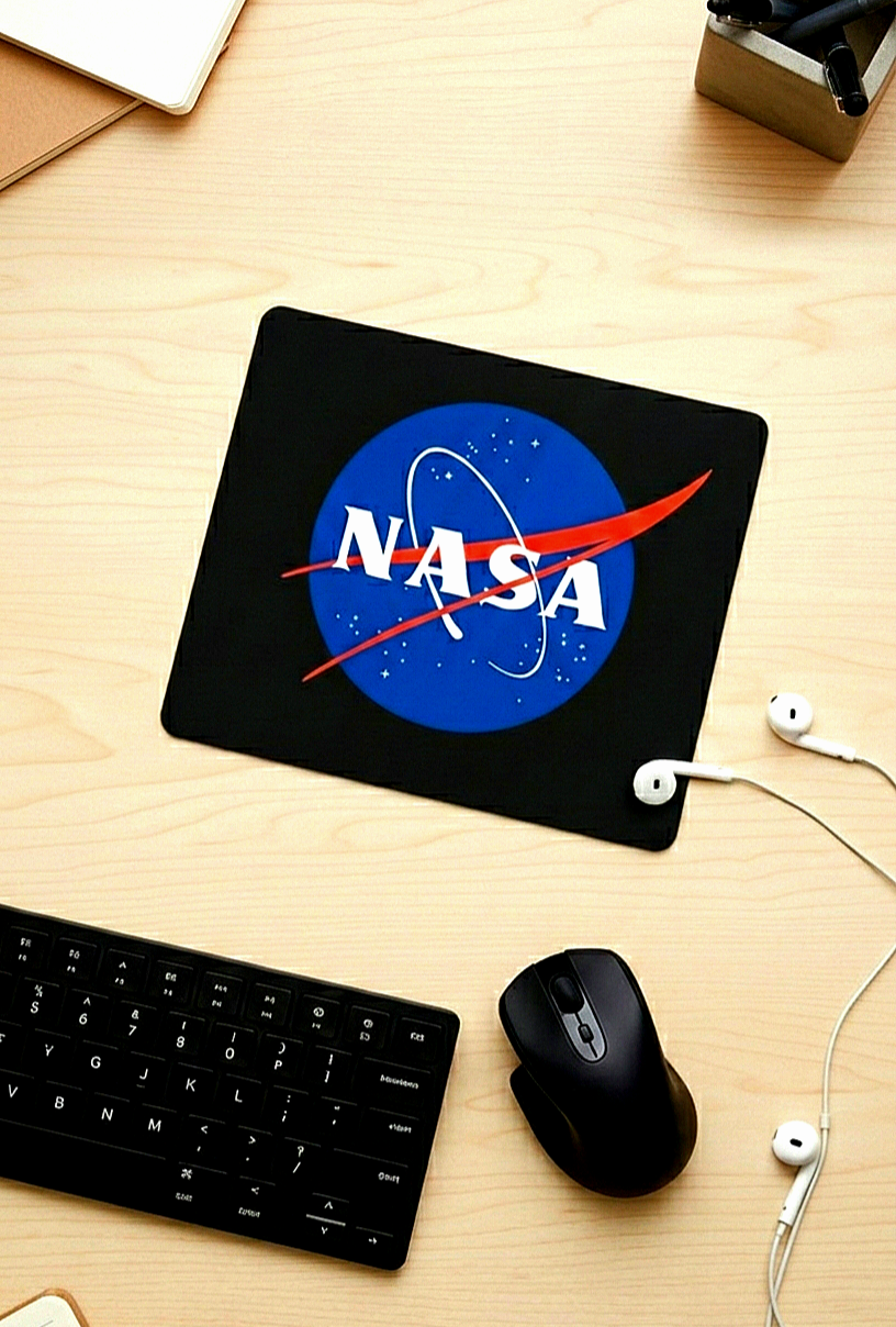 Primer plano de un mousepad negro con el logotipo de la Nasa sobre un escritorio de madera clara con accesorios de oficina