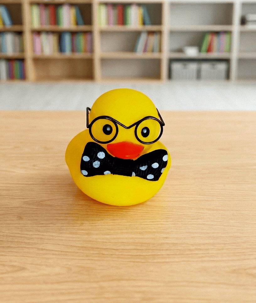 Primer plano de un Patito de Goma amarillo con unas gafas de pasta negras y una pajarita negra con lunares blancos, se encuentra sobre una superficie de escritorio en madera clara y en el fondo se puede ver una estanteria con libros.