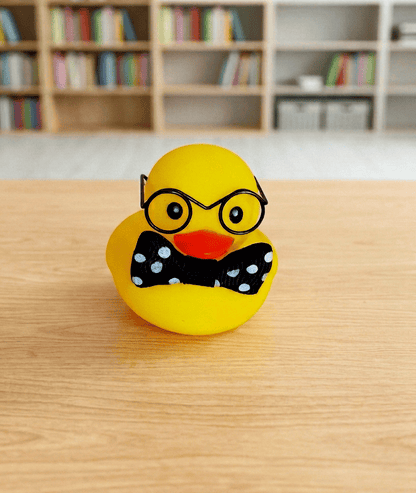 Primer plano de un Patito de Goma amarillo con unas gafas de pasta negras y una pajarita negra con lunares blancos, se encuentra sobre una superficie de escritorio en madera clara y en el fondo se puede ver una estanteria con libros.