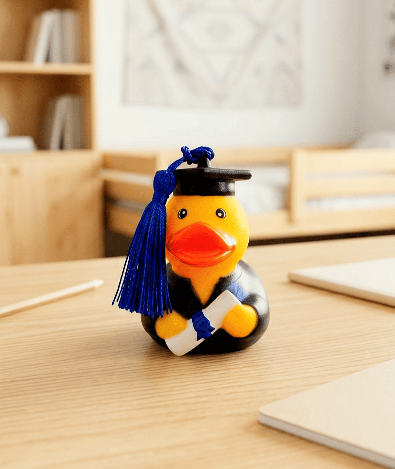 Pato de goma amarillo con un birrete con borla azul, vestido con una toga negra de graduación y un diploma enrrollado sobre una superficie de madera clara con artículos de escritorio a los lados y un fondo de habitacion con muebles de madera clara.