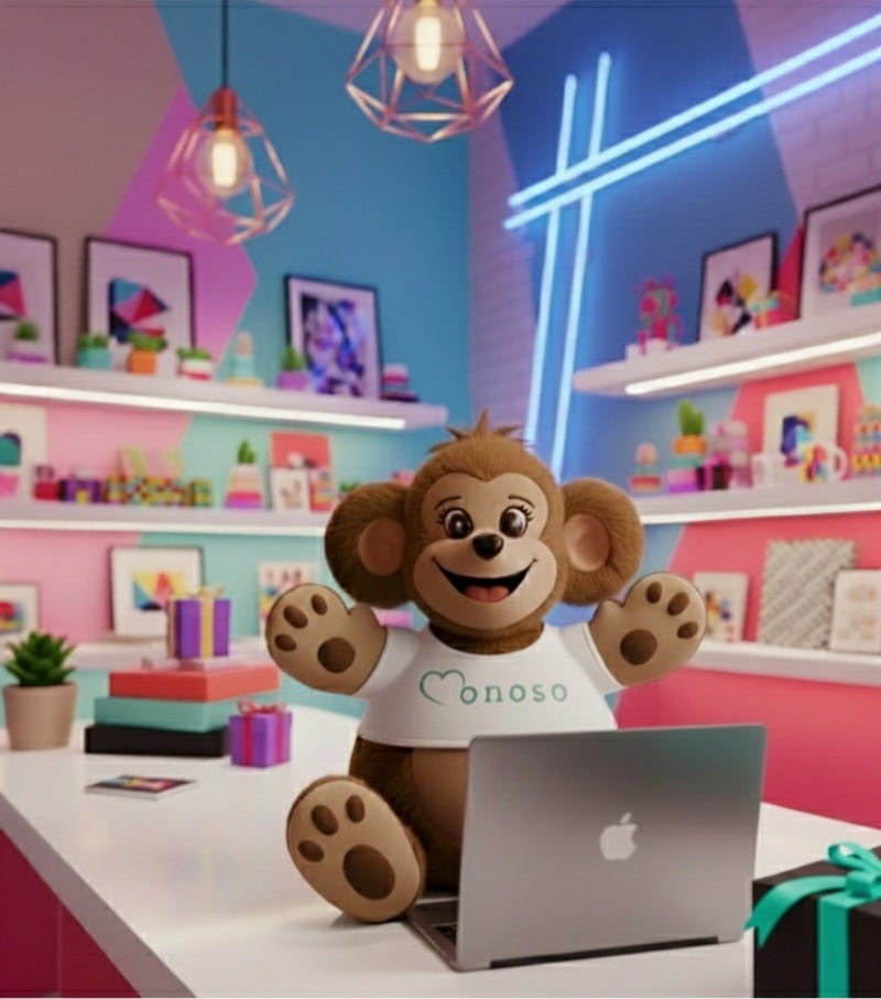 Peluche Monoso con ordenador portatil en fondo de tienda de regalos.