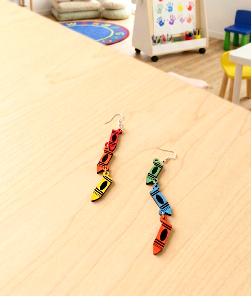 Primer plano de unos pendientes formados por crayones en madera cada uno de un color diferente y unidos entre si con pequeños enganches de metal, se encuentran sobre una superficie de madera clara con un fondo de juguetes y materiales de Escuela Infantil.