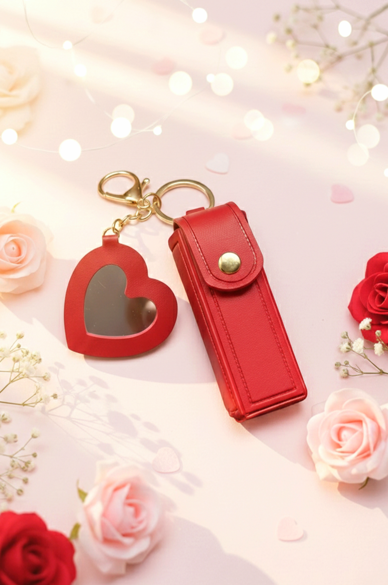 Estuche porta-labial de cuero sintetico rojo y espejo con forma de corazón para bolso.