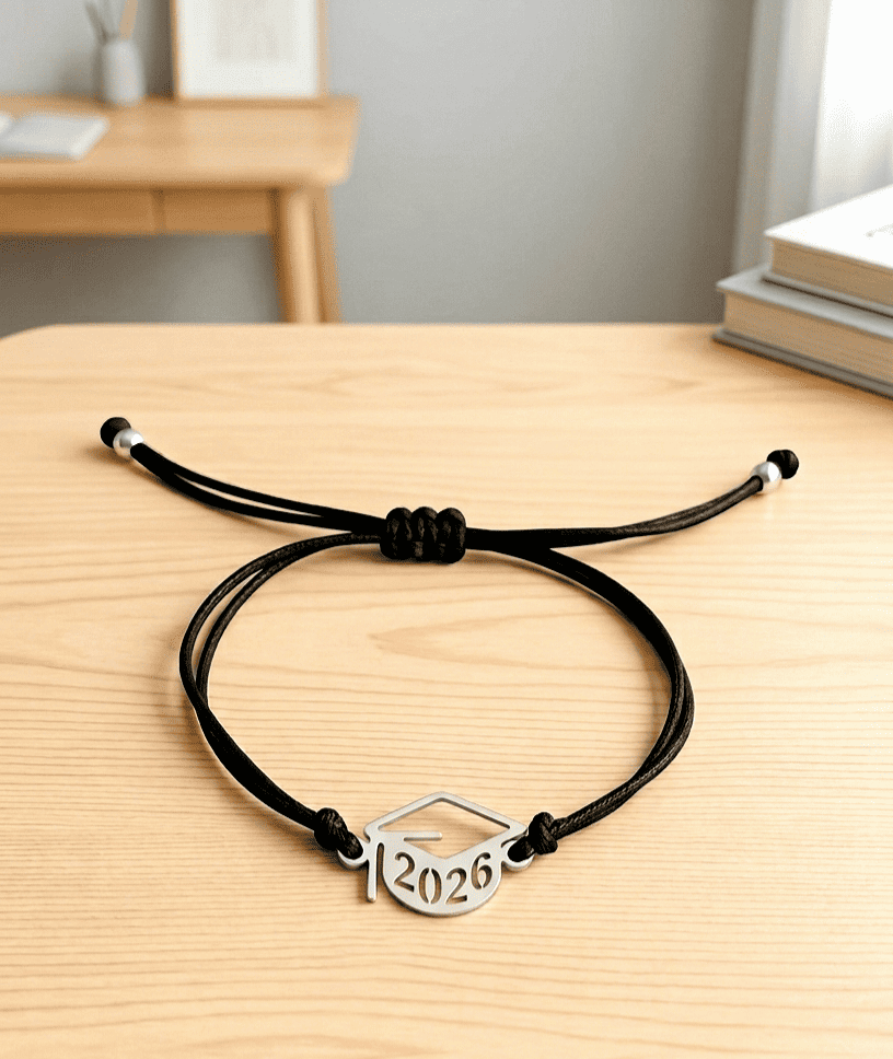 Pulsera de cordón negro ajustable con un dije metálico de birrete con el año 2026 sobre una superficie de madera clara con un fondo de habitación con muebles de colores claros.